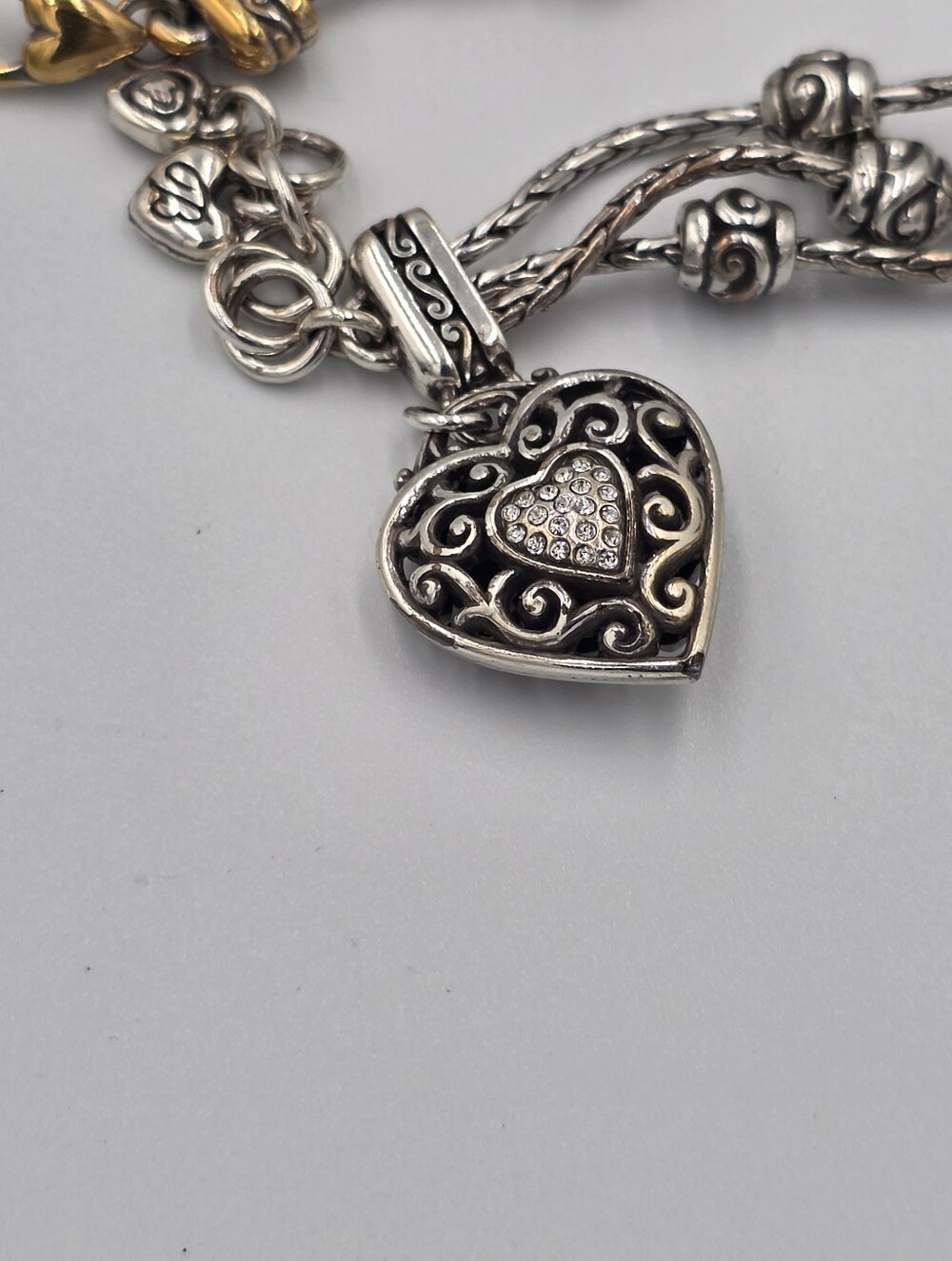 Brighton Silver Heart Swarovski Pave Crystal Charm Multi-Strand Bracelet - Picture 2 of 4